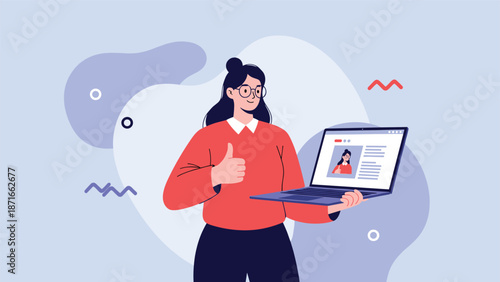 A happy and confident young woman with glasses giving a thumbs-up while holding a laptop, expressing approval for a social media profile or online service.