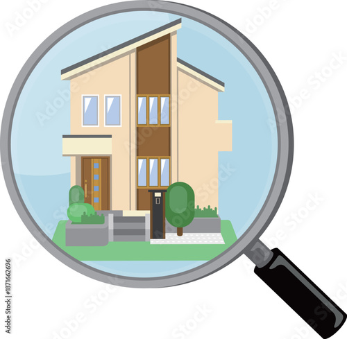 一軒家を虫眼鏡で見ているイラスト