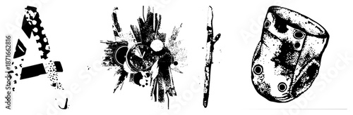 Abstract Glyph Art Featuring Letter A, Clock, Stick, and Textile Bag