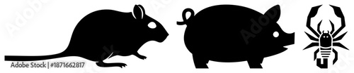Black Silhouettes of Rat, Pig, and Scorpion in Vector Style