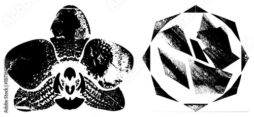 Abstract Geometric Flower and Fragmented Sphere in Halftone Vector Art