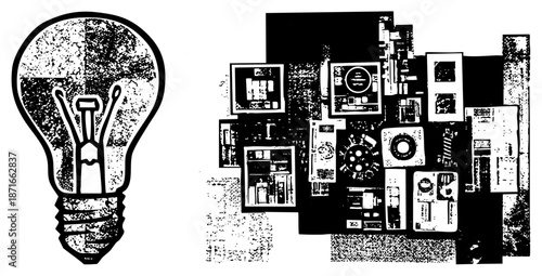 Vintage Lightbulb and Retro Electronics Collage Illustration