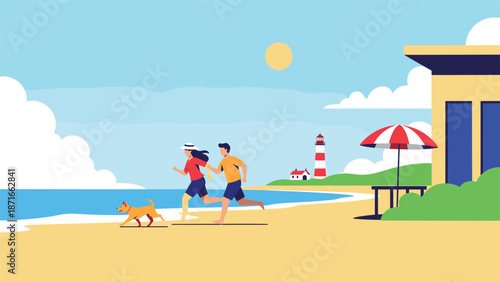 A young, active couple jogging with their dog along a beautiful sandy beach, enjoying a healthy outdoor lifestyle with a lighthouse in the background.