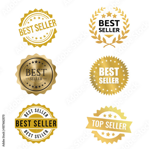 Set of best seller icons showing award badges, top product labels, and bestseller promotion symbols.