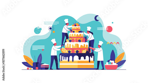A team of miniature chefs collaborating to decorate a giant, multi-tiered celebration cake with fruits and frosting, symbolizing teamwork in the culinary arts.