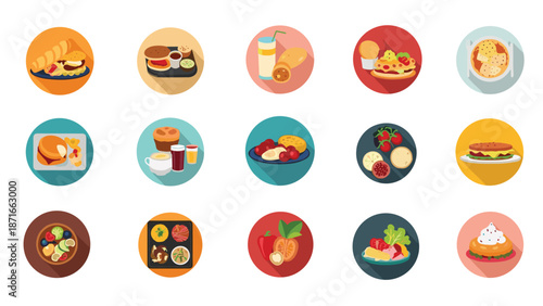 A vibrant collection of flat design food icons with long shadows, showcasing a variety of delicious meals, dishes, and ingredients for web and mobile apps.