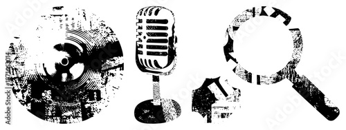 Vintage Microphone, Record Player, and Magnifying Glass in Halftone Style