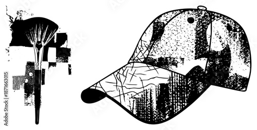 Artistic Brush and Camouflage Hat with Textured Halftone