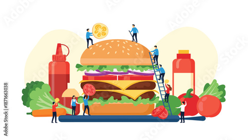 A team of miniature people working together to build a giant, delicious hamburger, adding fresh ingredients like lettuce, tomato, and cheese.