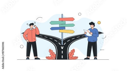 Two men standing at a crossroads, one confused by multiple choices and the other confidently navigating with a map, symbolizing decision-making and planning.