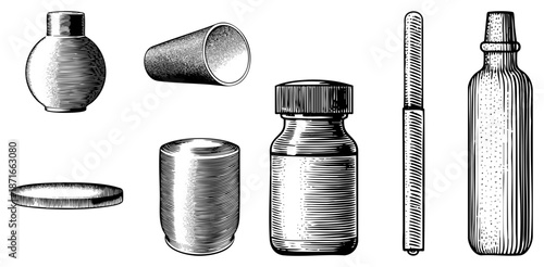 Vintage Glass Bottle and Container Set with Halftone Texture