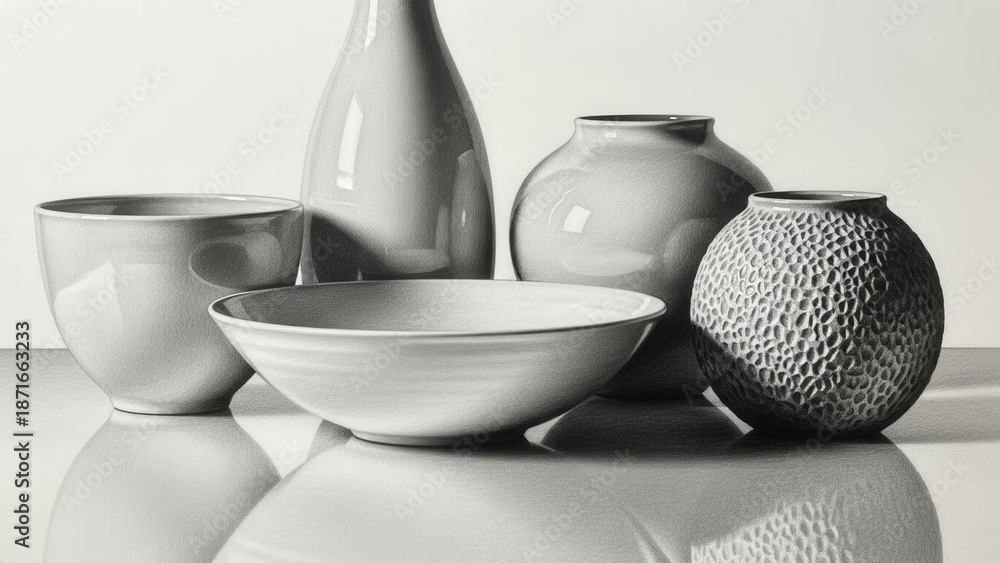 Arrangement of Ceramic Vases and Bowls, Studio Still Life