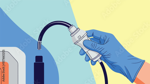 A medical professional's gloved hand holding a flexible endoscope camera, preparing for a diagnostic procedure with specialized medical equipment in a clinic.