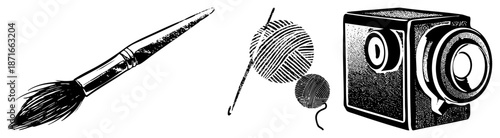 Vintage Art Tools Brush, Crochet Hook, and Box Camera in Halftone Style