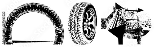 Three Black and White Vector Arch, Tire, and Mechanical Gear Assembly