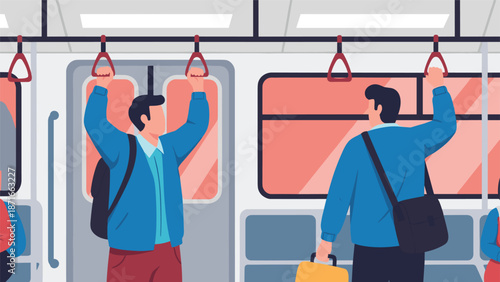 Two male commuters with backpacks and bags standing inside a modern subway car and holding onto handles during their daily trip to work.