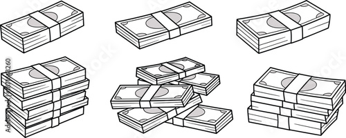 Stacked bundles of paper money in black and white line art style for financial, banking, savings, and economic illustrations