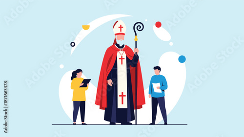 A festive illustration of Saint Nicholas standing in his traditional bishop's attire with his staff, celebrated as a holiday figure.