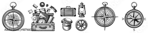 Vintage Travel Gear Set with Compasses and Luggage