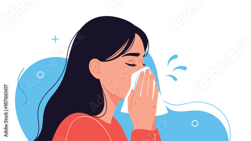 A young woman with a cold or allergy sneezing into a tissue, illustrating symptoms of seasonal flu, rhinitis, or respiratory illness.