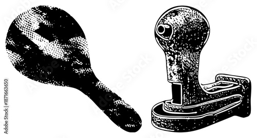 Vintage Wooden Ping Pong Paddle and Rubber Ball with Halftone Texture