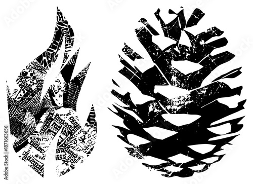 Textured Fire and Pinecone Silhouettes in Bold Black and White Vector Art