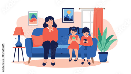 A concerned mother feeling ignored as her two children are completely absorbed by their smartphones, illustrating gadget addiction and a lack of family communication.