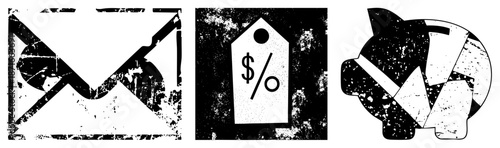 Grunge Styled Envelope, Discount Tag, and Piggy Bank with Distressed Texture