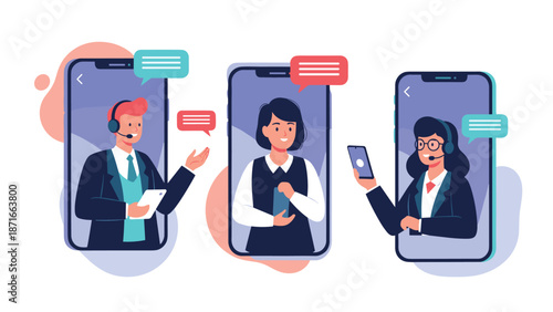 A team of professional customer service agents with headsets providing online support and assistance to clients through mobile phone video calls and chat.