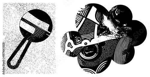 Vintage Maraca and Mechanical Engine Gear Assembly in Halftone Vector Art