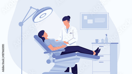 A female doctor or gynecologist conducting a medical examination on a pregnant woman in a modern and clean clinic room to ensure a healthy pregnancy.