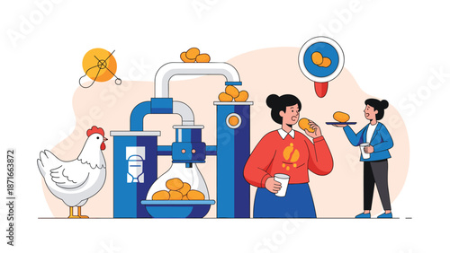 Conceptual illustration of chicken nugget production from a live chicken to a person eating the final product, showing the factory process.