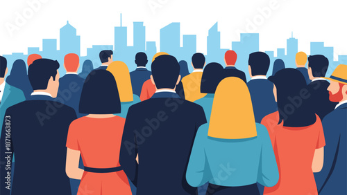 A diverse crowd of business people viewed from behind, standing and looking towards a modern city skyline, representing a workforce or community.
