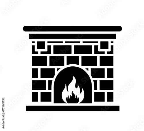 A bold black and white illustration portrays a brick-faced hearth topped with a heavy mantel, framing a central arch where stylized flames flicker brightly