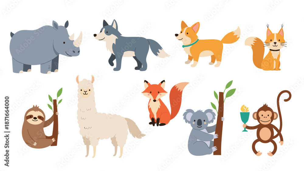 Obraz premium A delightful collection of cute cartoon animals, including a rhino, husky, corgi, sloth, llama, fox, koala, and monkey, for children's designs.