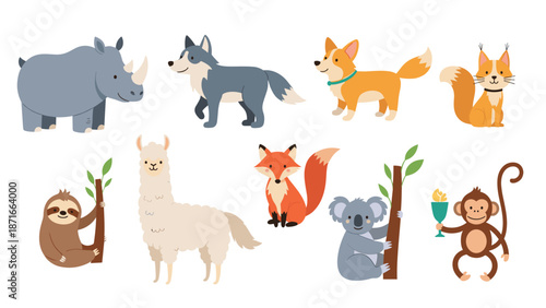 A delightful collection of cute cartoon animals, including a rhino, husky, corgi, sloth, llama, fox, koala, and monkey, for children's designs.
