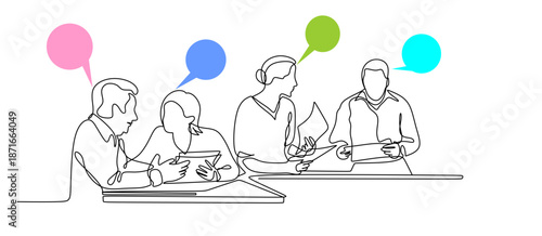 Business discussion between a man and a woman. This continuous line art illustration depicts a man and a woman engaged in a professional discussion. This minimalist continuous line drawing depicts a s