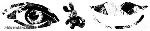 Fragmented Eye, Stuffed Bunny, and Smiling Mouth in Grunge Vector Style