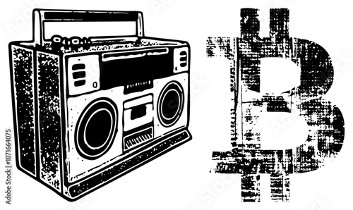 Vintage Boombox Radio and Bitcoin Cryptocurrency Symbol