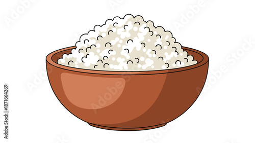 A simple cartoon illustration of a brown bowl filled with freshly made cottage cheese, a healthy and protein-rich dairy product, isolated on white.