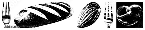 Halftone Vector Illustration of Bread, Sunflower Seed, and Pretzel with Forks