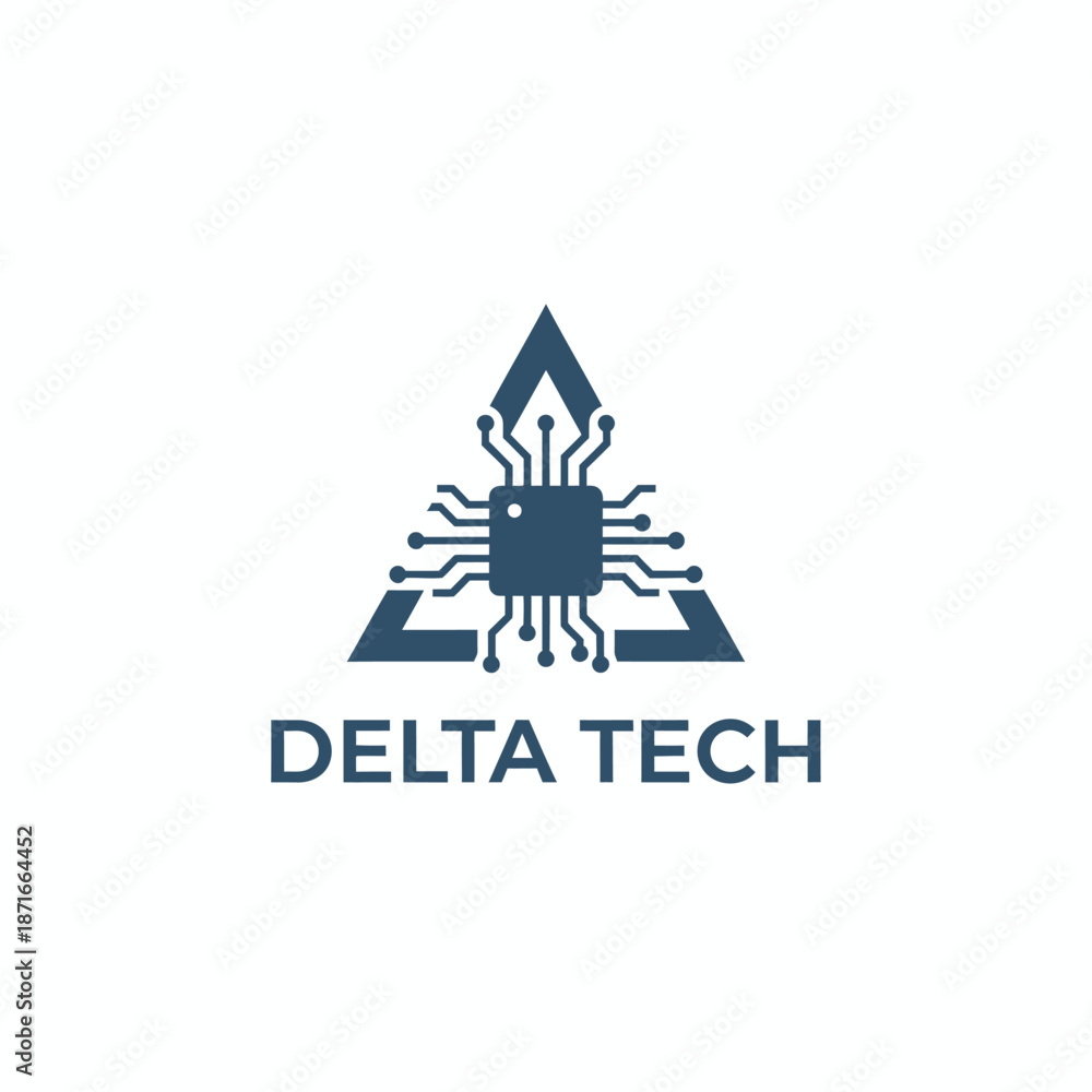 Obraz premium Delta Tech Logo Featuring a Triangle Delta Symbol Integrated with a Digital Microchip Icon