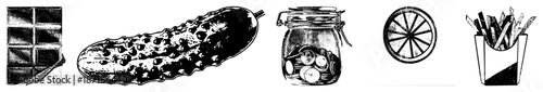 Vintage Style Pickle, Chocolate Bar, Lemon Slice, Coin Jar, and French Fries Vector Set