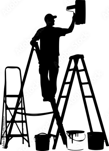 A man painting a picture of a man on a ladder silhouette