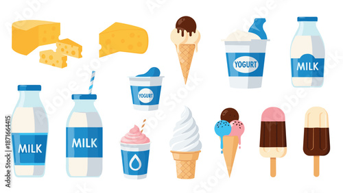 A delicious collection of various dairy products, including milk, cheese, yogurt, and different types of ice cream, in a flat design style.