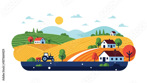 A vibrant and picturesque farm landscape with rolling golden fields, houses, a tractor, and green trees under a sunny sky, ideal for backgrounds.