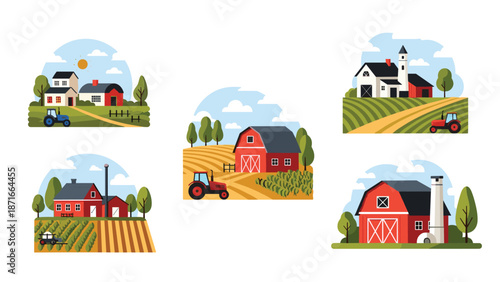 A set of five illustrations depicting various rural farm scenes with red barns, houses, tractors, and cultivated fields in a flat design style.