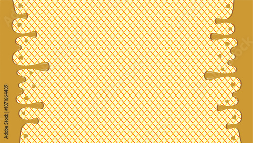 Abstract hot chocolate drip illustration. Wavy chocolate drip on waffle background. Dripping ice cream illustration. Vector illustration of wavy choco drip.