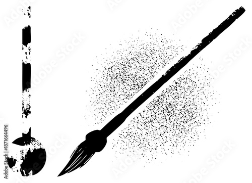 Artistic Brush and Palette Knife with Splattered Ink Texture