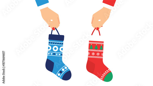 Two hands holding festive red and blue Christmas stockings with decorative patterns, symbolizing the holiday tradition of giving and receiving gifts.